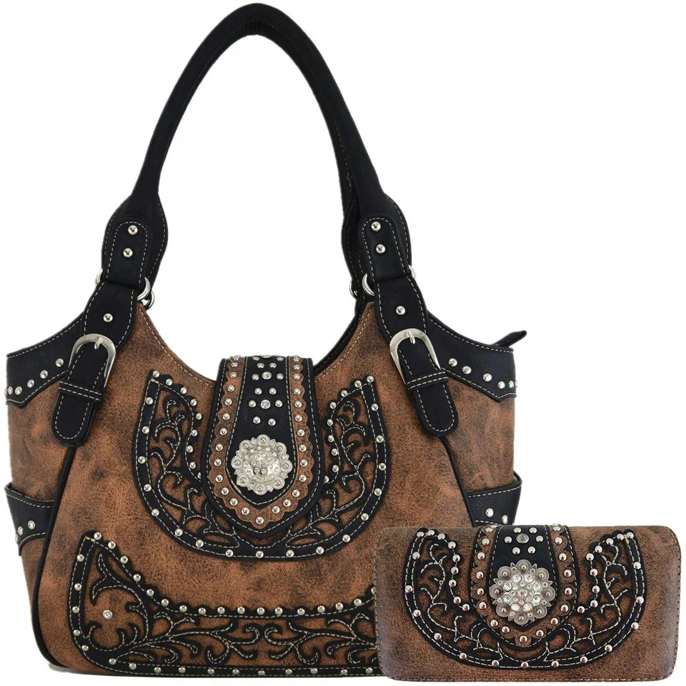 Western Conchos Concealed Carry Purse Country Handbag Women Shoulder Bag Wallet
