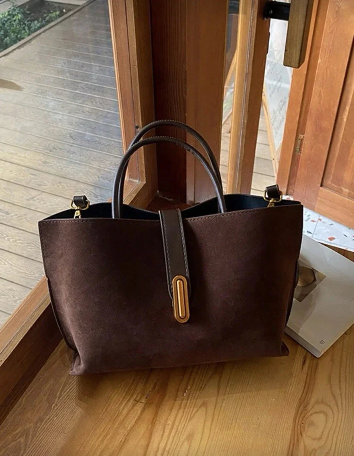 Brown Suede Tote Bag Women Crossbody Shoulder Handbag Gold Hardware Fall Luxury